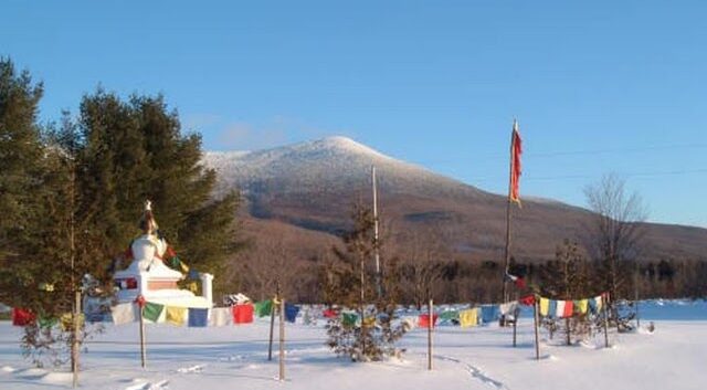 Peace Stupa in Winter wth Mount Abraham in the background